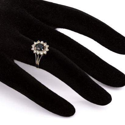 null 18K (750) white gold daisy ring set with an oval Australian sapphire surrounded...