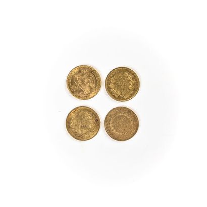 null Quatre pièces or 20 Francs : 1 RF au coq 1906, 2 Napoléon III Empereur tête...