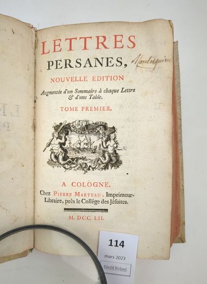 null MONTESQUIEU. Lettres persanes. 2 tomes en un volume in-12 relié vélin. Cologne,...