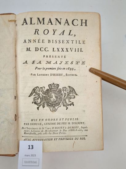null Almanach Royal. Année bissextile. 1788. Un volume in-8 relié cuir. Dos à 5 nerfs...