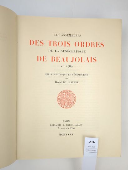 null [Beaujolais]. CLAVIERE (Raoul de). Les Assemblées des trois ordres de la sénéchaussée...