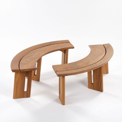 null SELTZ HOUSE

Pair of curved benches resting on three openwork legs, all in solid...