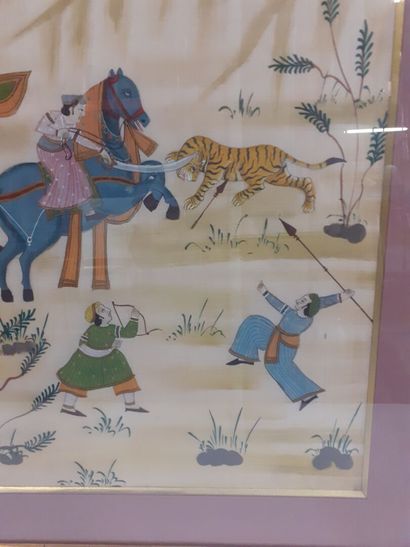 null Ecole indienne
chasse au tigre
gouache sur soie
cadre à l'imitation du bambou
45...
