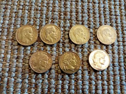 Sept pièces 20 Francs en or : 3 Napoléon...