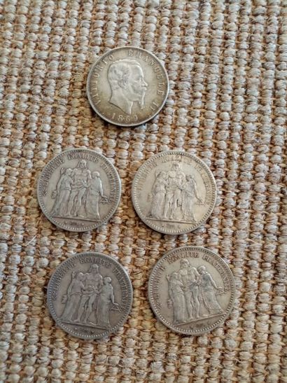 Quatre pièces de 5 Francs en argent (1873,...