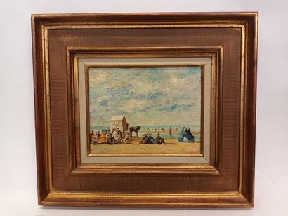 null D'après Eugène BOUDIN,
- Bord de plage animé,
 huile sur toile,
 19 x 25 cm

-...