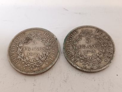 null Deux pièces de 5 francs en argent 1873, 1874 Paris (A)