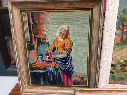 null Trois canevas représentant la Laitière de Vermeer, une scène de chasse à courre...