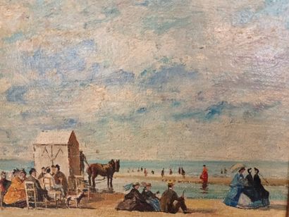 null D'après Eugène BOUDIN,
- Bord de plage animé,
 huile sur toile,
 19 x 25 cm

-...