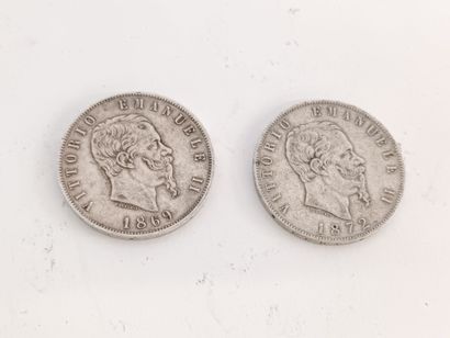 null Deux pièces de 5 lires, Vittorio Emanuele II, 1869 et 1872