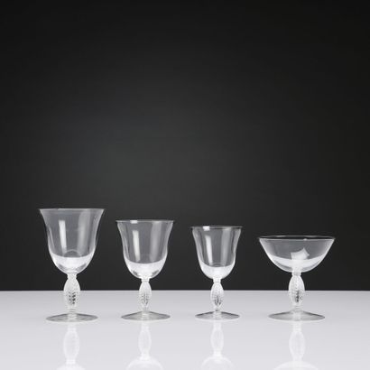  René LALIQUE (1860-1945)
Service de verres à pied, modèle Fontainebleau, il comprend:
Cinq... Gazette Drouot