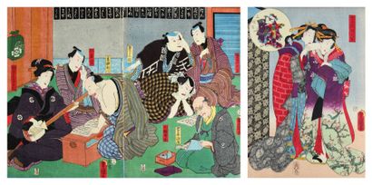 TOYOKUNI III [ALBUM DU THEATRE KABUKI]. In-4° (36 x 24,5 cm), plats de bois recouverts...