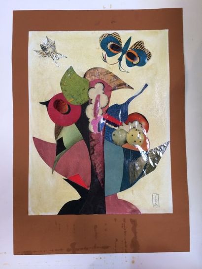 Ida COLUCCI (20ème) Collage sur papier représentant une nature morte abstraite avec...