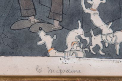 Gustave BLANCHO dit GUS BOFA (1883-1968) Aquarelle représentant un homme saoul dans...