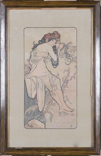 Alphonse MUCHA (1860-1939) Lithographie sur soie figurant une femme Signé «Mucha»...