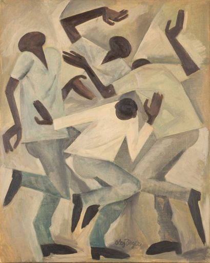Oleg ZINGER Peinture à l'huile sur toile représentant un groupe de danseurs afro ....