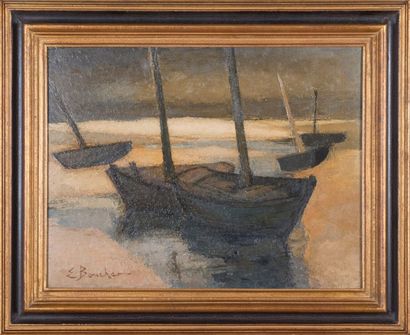E BOUCHER, marine Huile sur toile Circa, signé en bas à gauche49 x 64 cm