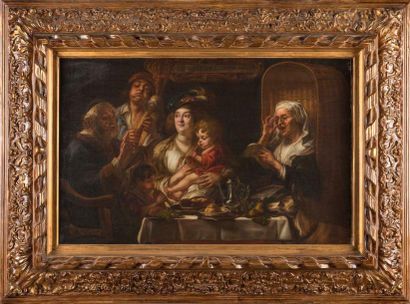 Ecole du 19ème siècle d'après Rubens Le souper Huile sur toile 42 x 66 cm Cadre en...