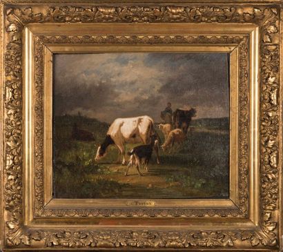 Constant TROYON (1810-1865) Paysage avec vaches et bergère Toile 37 x 45 cm Beau...
