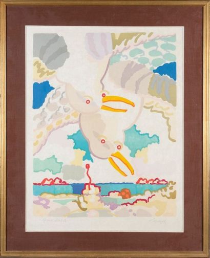 Charles LAPICQUE (1898-1988) Les goélands.Sérigraphie sur papier Japon signée et...