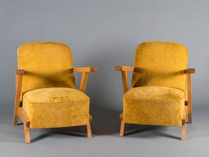 Francisque CHALEYSSIN (1872-1951) Paire de fauteuils en frêne massif, garniture en...