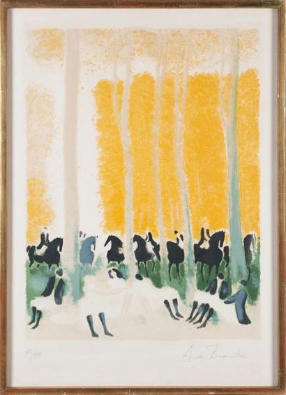ANDRÉ BRASILIER (1929) Cavaliers se reposant à l'orée d'une forêtLithographie en...