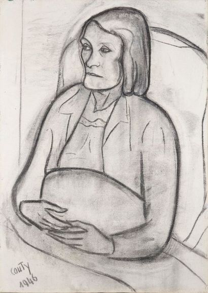 Jean COUTY (1907-1991) Portrait de femme Fusain sur papier.Signé et daté 46 en bas...
