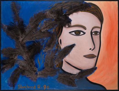 Rémi BLANCHARD (1958-1993) Acrylique, Ripolin, peinture aérosol et plumes sur toile.Signé...