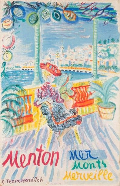 Constantin TERECHKOVITCH (1902-1978) Menton, mer, monts et merveille Affiche. 1962.Lithographie...