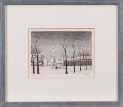 Georges DAMIN (1942 ) Vue de la place Bellecour sous la neigeLithographie sur papier.Epreuve...