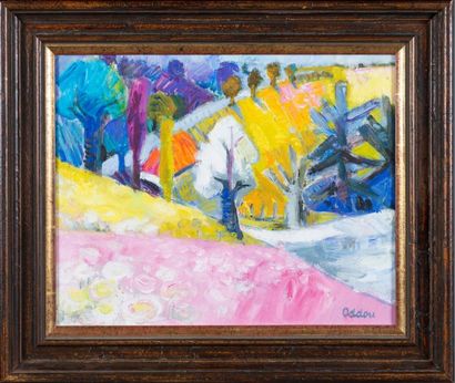 Simone ODDOU (1911-2003) Prairie rose Huile sur toile.Signée en bas à droite.(H:...