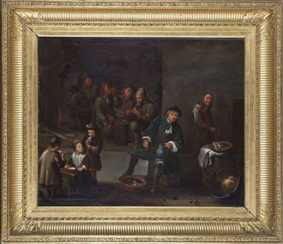 null Ecole flamande du 17ème siècle Scène de cabaret Huile sur toile 54 x 67 cm Cadre...
