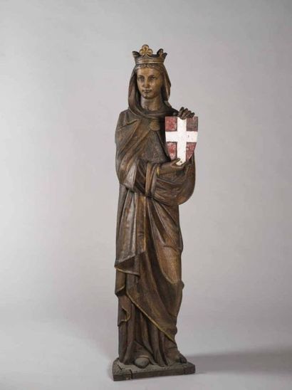 null Importante Vierge en chêne sculpté et couronnée, présentant les armes de la...
