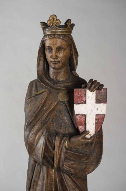 null Importante Vierge en chêne sculpté et couronnée, présentant les armes de la...