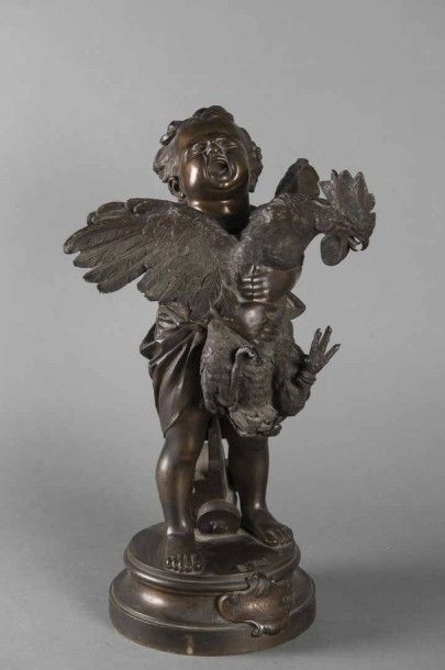 null Adriano CECIONI (1836-1886) Enfant au coq Epreuve en bronze patiné, signée Cecioni...