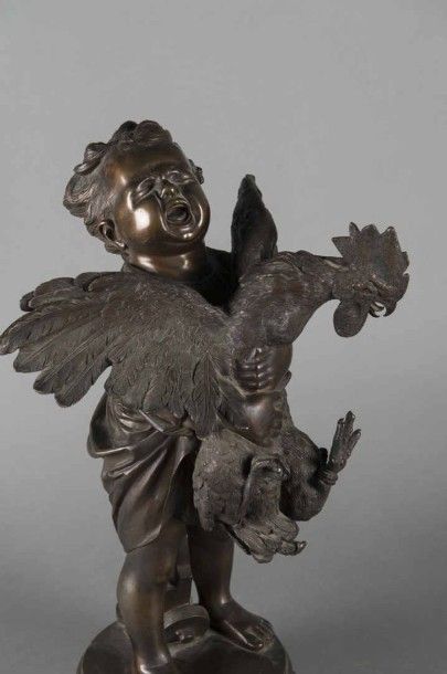 null Adriano CECIONI (1836-1886) Enfant au coq Epreuve en bronze patiné, signée Cecioni...