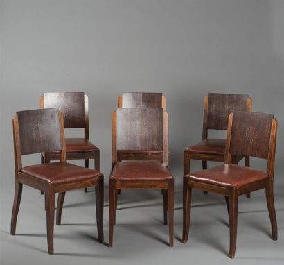 null CHRISTIAN KRASS (1868 - 1957) Série de six chaises en acajou et placage de palissandre,...