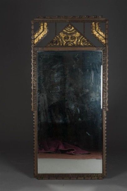 null CHARLES PIGUET (1887-1942) Très grand miroir rectangulaire en fer forgé et acier...