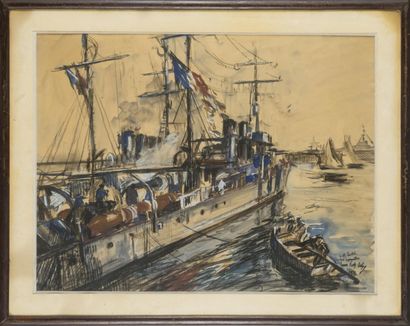 null Lucien Victor Félix DELPY (1898-1967) torpilleur à quai aquarelle sur papier...