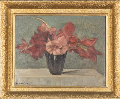 null Claudius LINOSSIER (1893-1953) Bouquet de fleurs au vase noir huile sur panneau...
