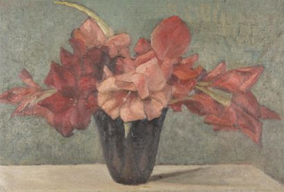 null Claudius LINOSSIER (1893-1953) Bouquet de fleurs au vase noir huile sur panneau...