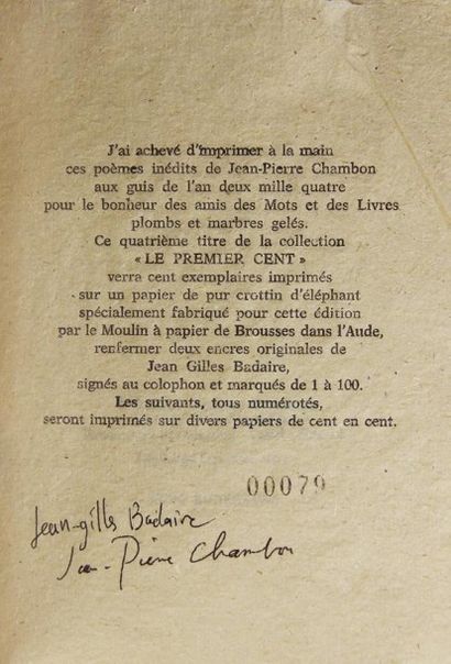null CHAMBON (Jean-Pierre). Sur un poème d’André du Bouchet. 

Remoulins sur Gardon,...