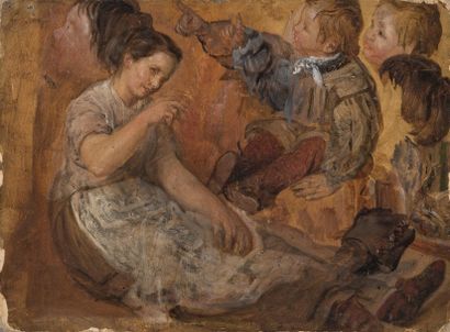 null Ecole française 19ème siècle Etude de personnages: femme assise et un enfant...
