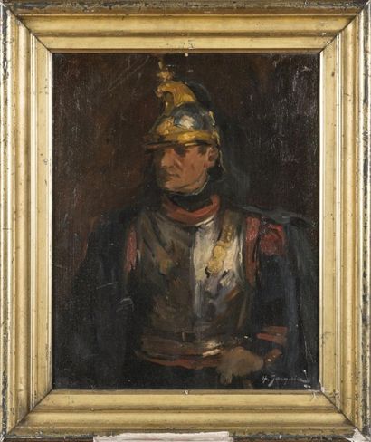 null Henry JACQUIER (1878-1921) Portrait d'un cuirassier Huile sur panneau 40 x 32...