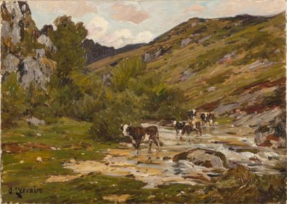 null Clovis TERRAIRE (1858 -1931) Vaches au gué huile sur toile, signé en bas à gauche...