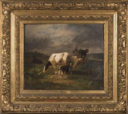 null Constant TROYON (1810-1865) Paysage avec vaches et bergère Toile 37 x 45 cm...