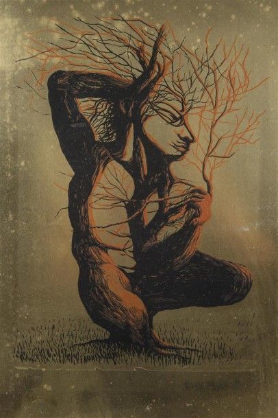 null Jean MARAIS (1913-1998) L'homme arbre Lithographie sur papier doré Signé et...