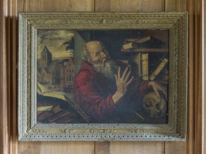 null Jan MASSYS (Anvers 1509 - 1575) Saint Jérôme dans son atelier Panneau de chêne,...