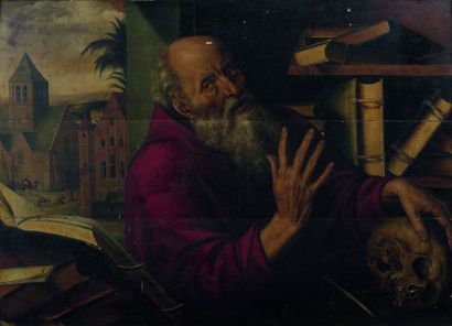 null Jan MASSYS (Anvers 1509 - 1575) Saint Jérôme dans son atelier Panneau de chêne,...