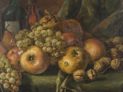 null Léon BRUN Nature morte aux pommes et raisin Huile sur toile Signée en bas à...